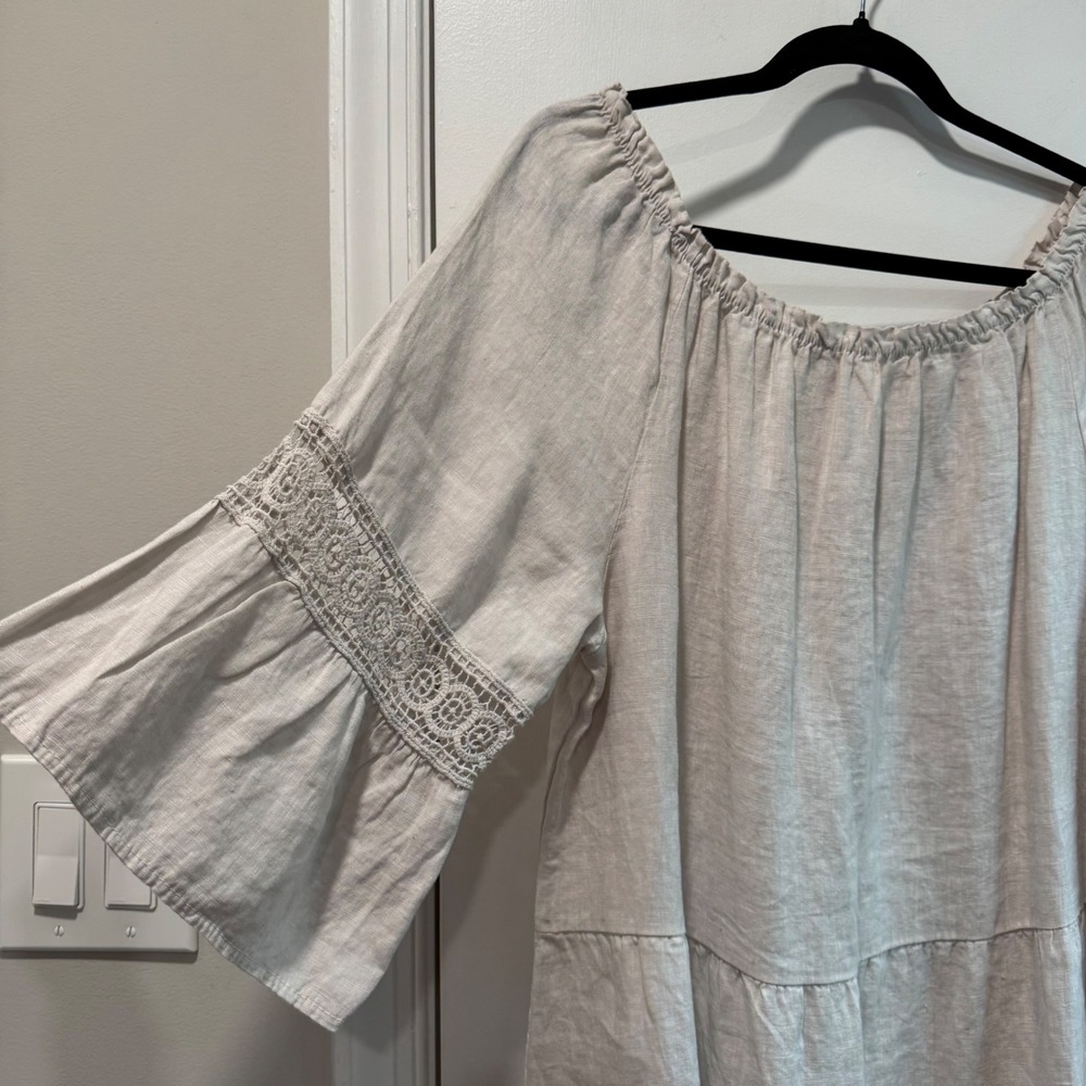 Terzo Millennio Italy Linen Tiered Mini Dress XL Beige Crochet Lace Bell Sleeve - Picture 2 of 7